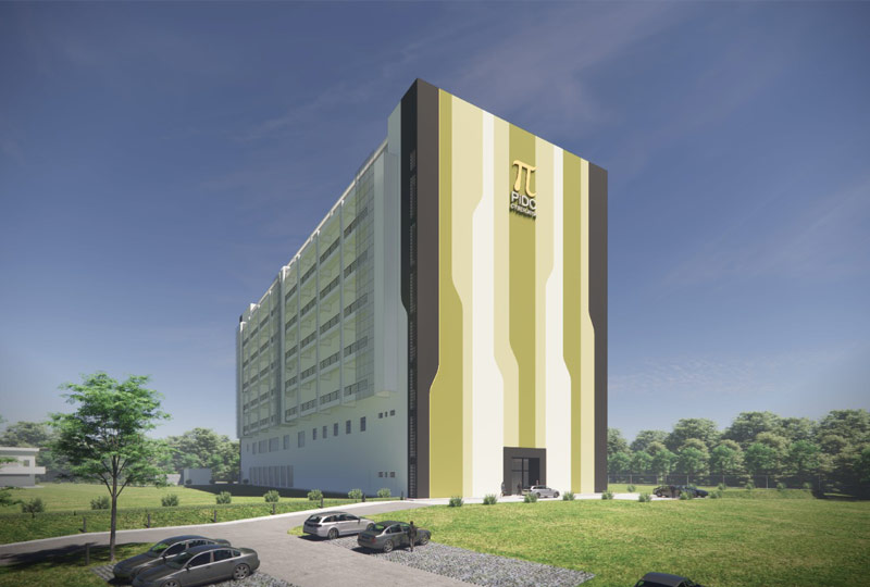 Architectural rendering: Pi Data Centre Cyberjaya campus. Cyberjaya project rendering from the named construction contractor; not the unrelated Indian Pi operator.